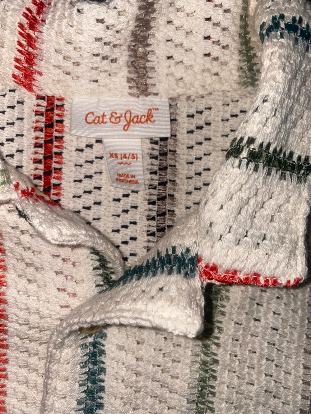 Cat & Jack Cream Knit Short-Sleeve Button-Up with Red and Green Stripes - Picture 3 of 6